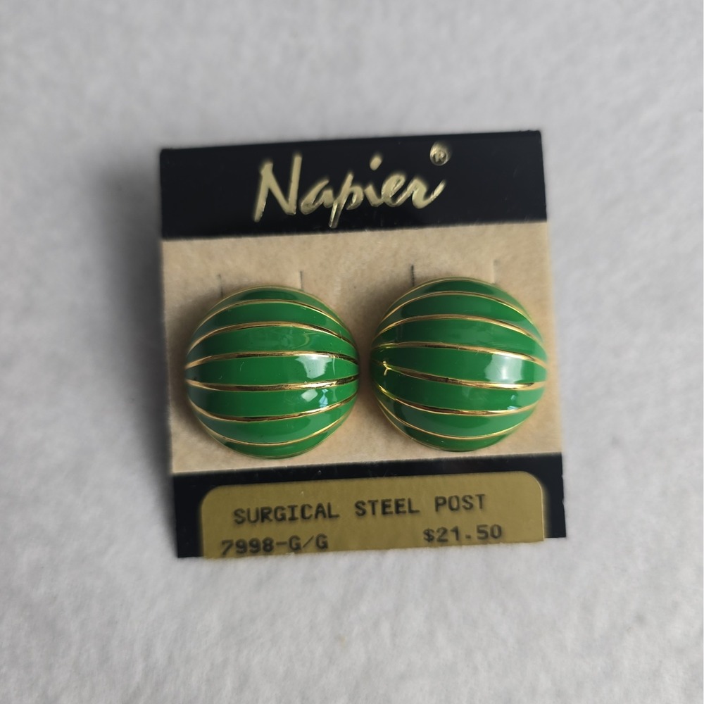 Vintage Napier Green Enamel Dome Circular Gold Stripe Earrings Retro Statement